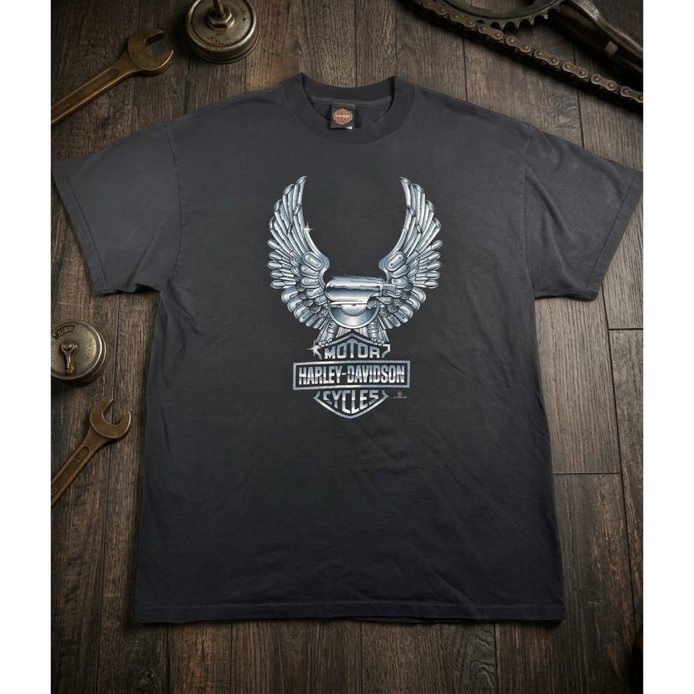 Vintage 1996 Harley Davidson T Shirt Mens XL Black Chrome Engine Wings Biker 90s